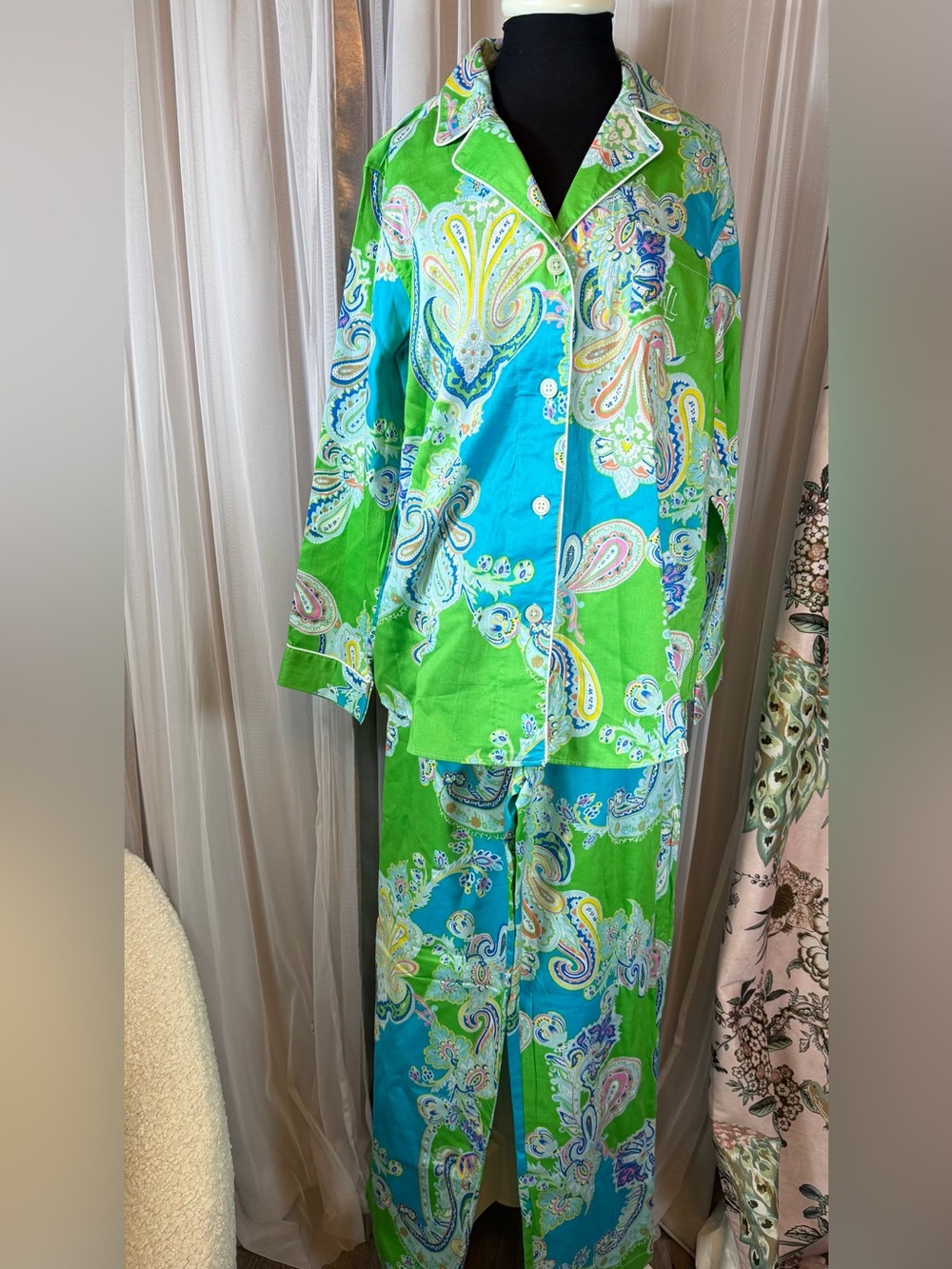 Lauren Ralph Lauren Green and Turquoise Paisley Two-Piece Pajama Set
